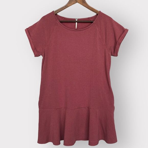 Free People Sweatshirt Dress Size PS Maroon Drop Waist Pockets Short Sleeve‎ - Picture 1 of 10